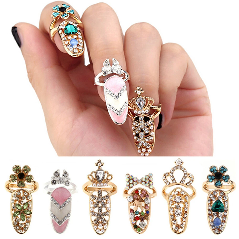 Exquisite Rhinestone Nail Ring Luxury Crown Finger Accessories for Women Fashion Bride Wedding Jewelry Delicate Party Gifts