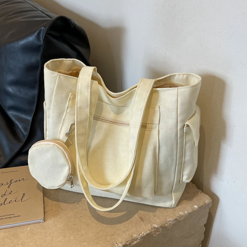 

Large Capacity Canvas Tote Bags For Work Commuting Carrying Bag College Style Student Outfit Book Shoulder Bag With Round Purse