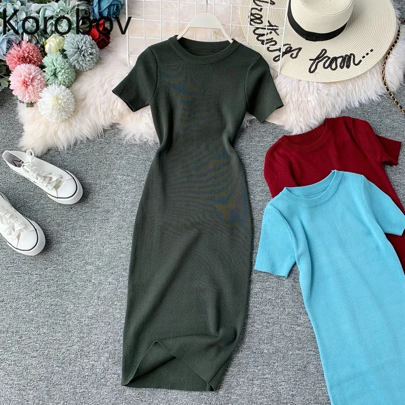 Korobov Short Sleeve Solid Vintage Women Dress Korean Fashion Knit Stretch Waist Elegant Dresses O Neck Bodycon Vestidos Femme