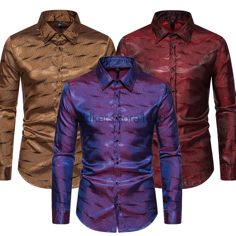 New Men's Fashion Glossy Long Sleeved Shirt Luxury Jacquard Fabric Button Lapel Blouse Christmas Ball Party Costume