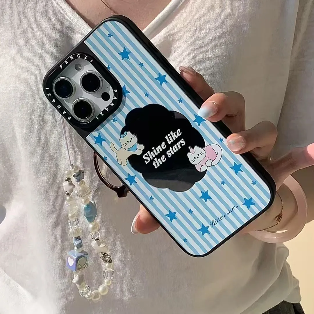 

black-edge mirror-pattern star cat phone case, Apple mirror phone case Blue striped star kitten apple 13/14/15/16 series phone c