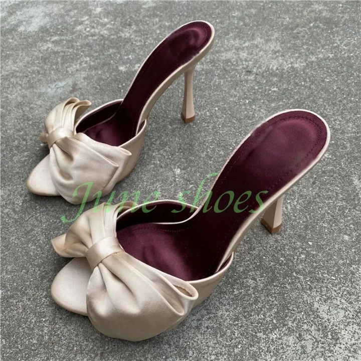 Women Cream Satin Elegant Bowtie Mules Heels Open Toe Slingback Party Backless Satin Big Bow Stiletto Heel Evening Sandals Size