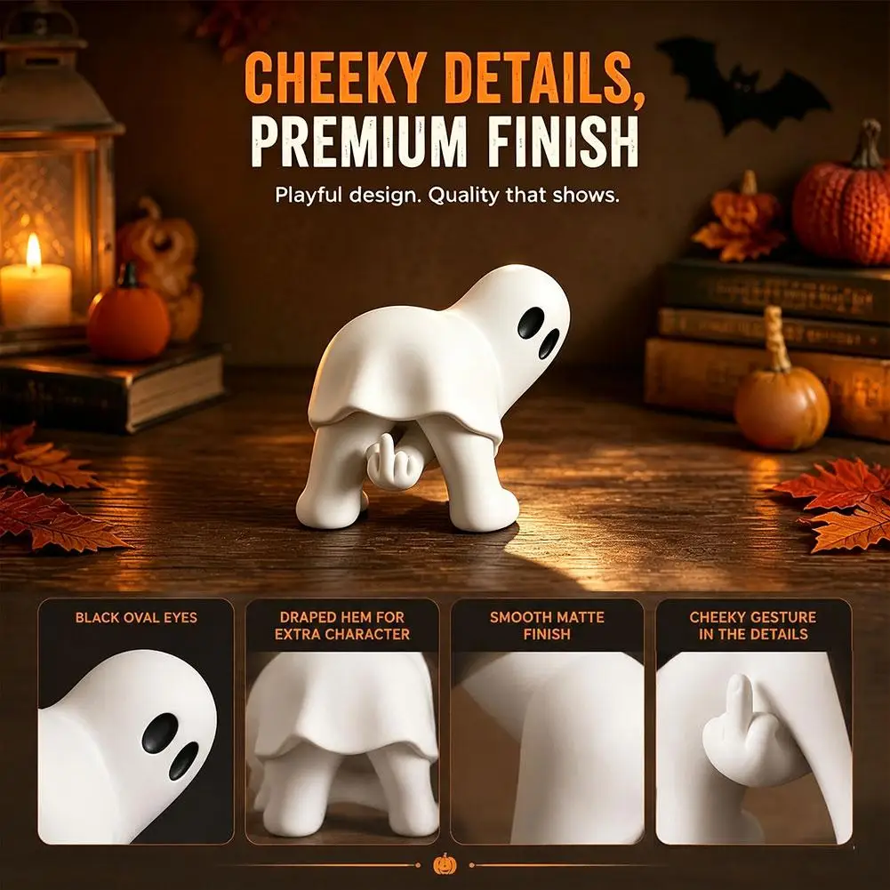 Halloween Ghost Statue with Middle Finger, Resin Craft Desktop Decoration, Funny Spooky Little Ghost Figurine for Holiday Gift