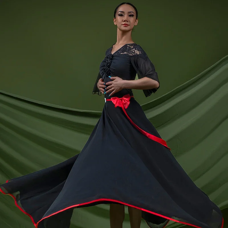 Nouveaux Costumes de danse de salle de bal valse maille noire haut Latin jupe longue femmes costumes de danse moderne vêtements de Performance sur scène SL10393