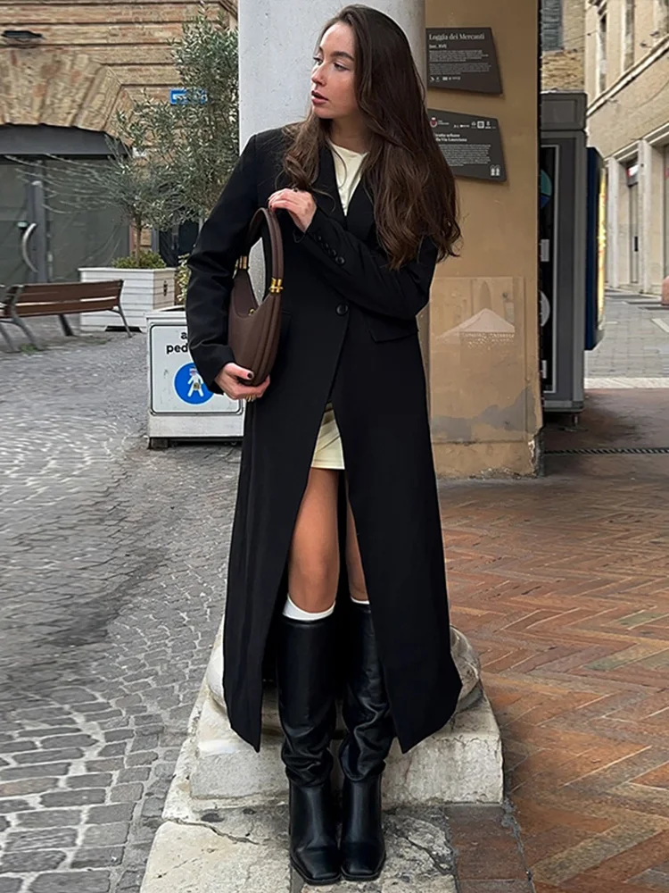 Elegant Women's Long Blazer Coats Slim Lapel One Button Full Sleeve Female Suit Jacket 2025 Spring Lady Street Commute Outerwear