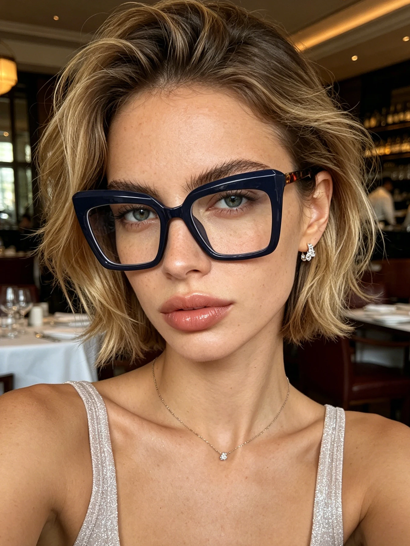 1 par de gafas con montura cuadrada en color azul marino, silueta elegante con aura, fácil de combinar con el estilo de moda.