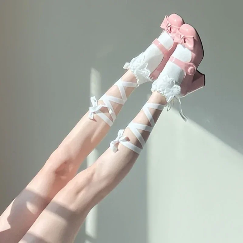 Japanische Spitze Kreuz Straps Krawatte Bein Socken Jk Frauen Baumwolle Sexy Strümpfe Dünne frauen Mittleren Rohr Socken Party lange Socken – Detail 2