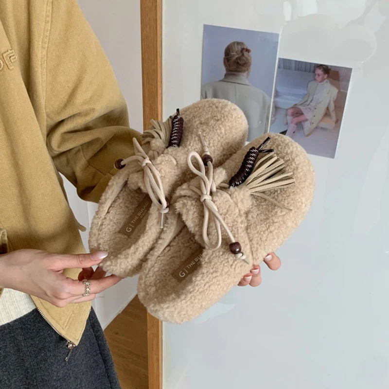 

fringe Mules Woman Shoes flat Platform Slippers fashion Slip On fur Mule Winter Round Toe Shallow Furry Slide thick bottom shoes