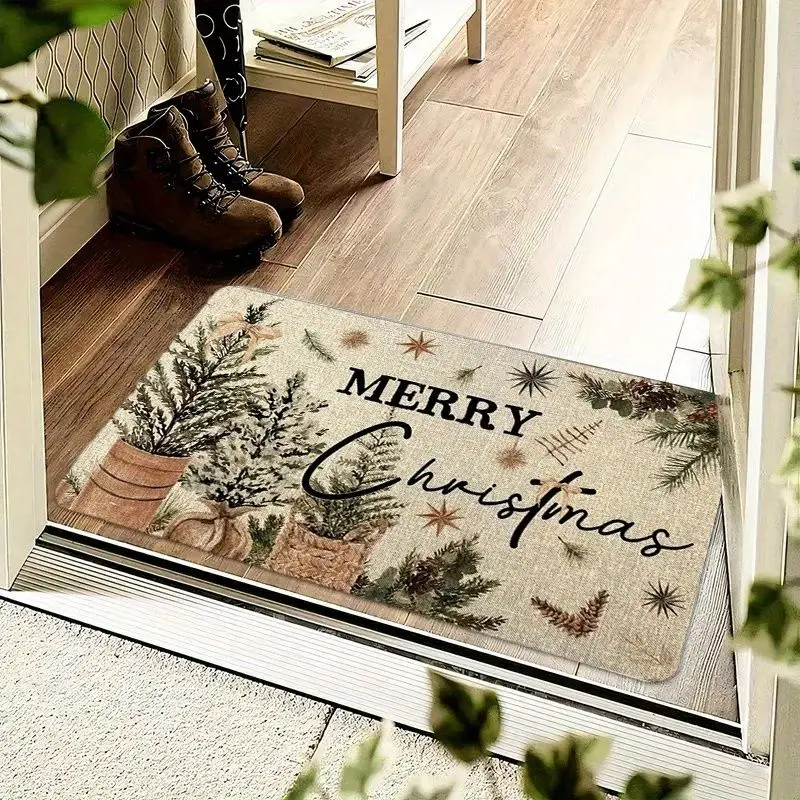 VIKAMA Merry Xmas Door Mat Rustic Pine Branches with Berries Non Slip Soft Washable Entrance Rug Christmas Home Decor