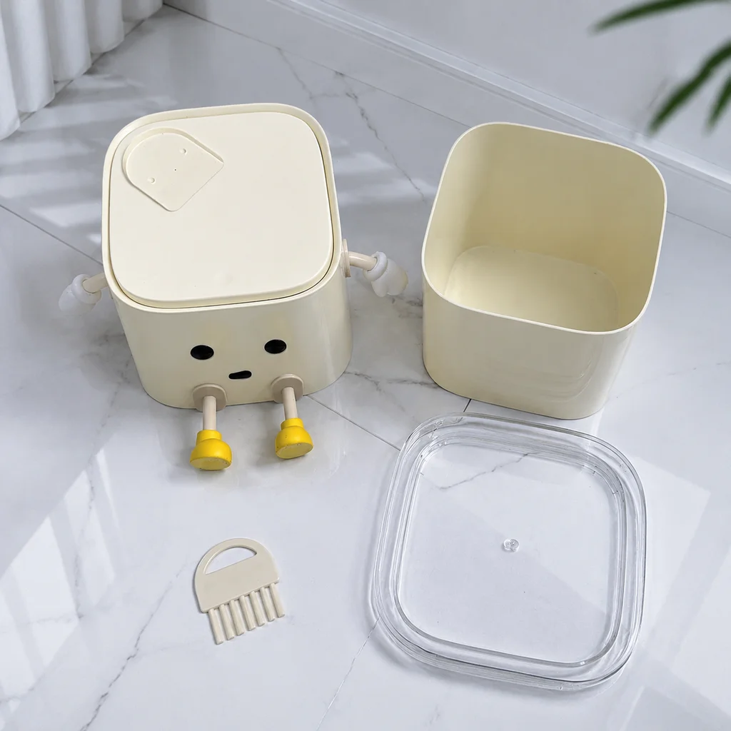Kawaii Sitting‑Figure Tabletop Trash Bin, Press‑Open Small Desktop Garbage Can with Built‑in Cleaning Brush, Decorative Waste Container for Home Desk