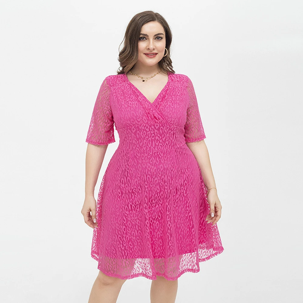 Plus size zomer avondjurken vrouwen 2022 rose rode kant elegante mini jurk groot formaat sexy korte mouw v-hals prom jurken