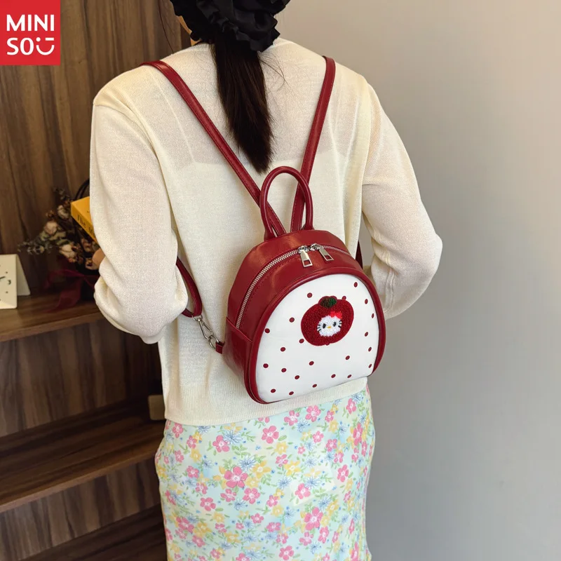 Miniso 2025 Apple Polka Dot Cat Backpack, Cute School Bag for Girls with Top Handle