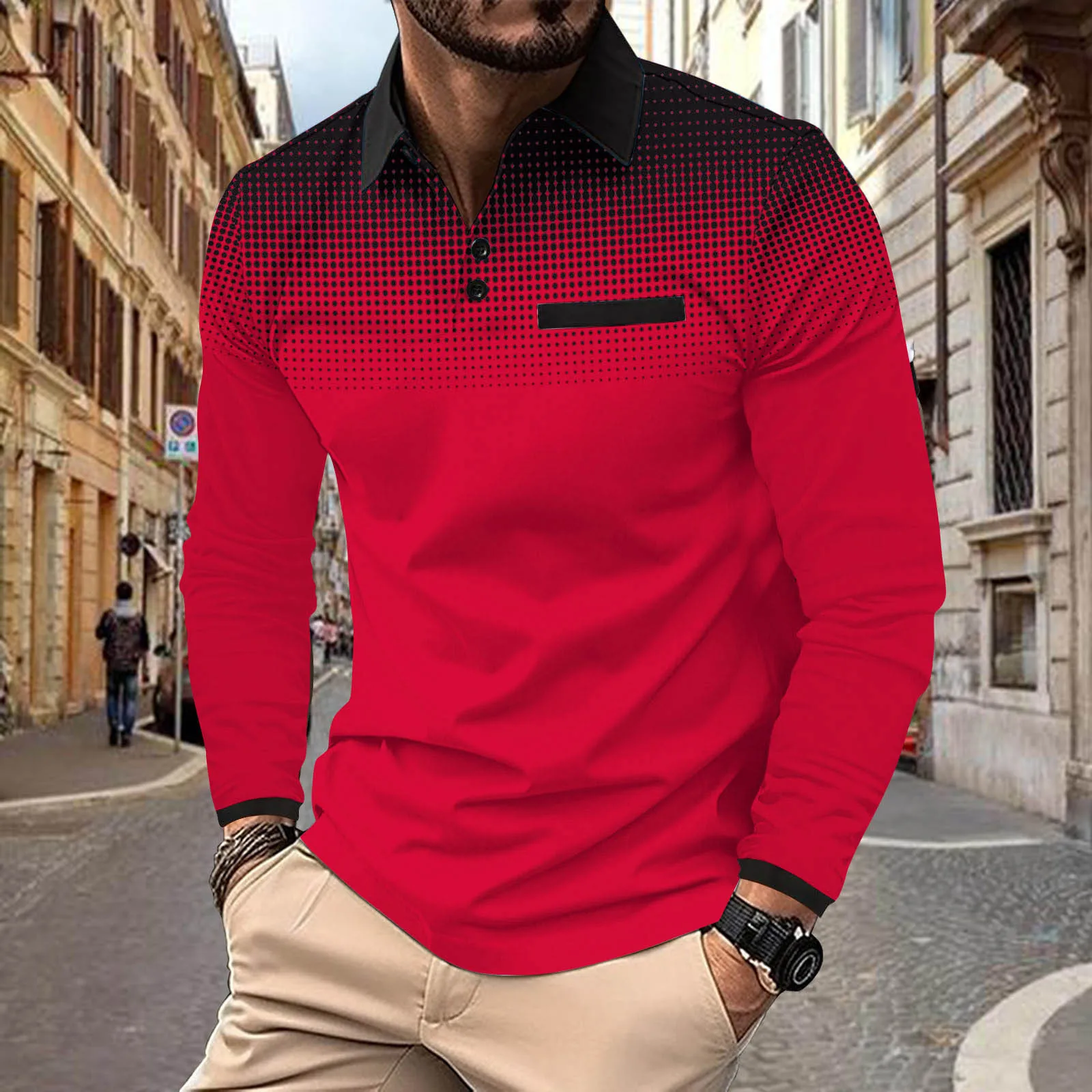 Neue Frühjahr Und Herbst männer POLO-Shirt Casual Farbverlauf Digital Print Polka Dot Revers Taste Sport Langarm Tops