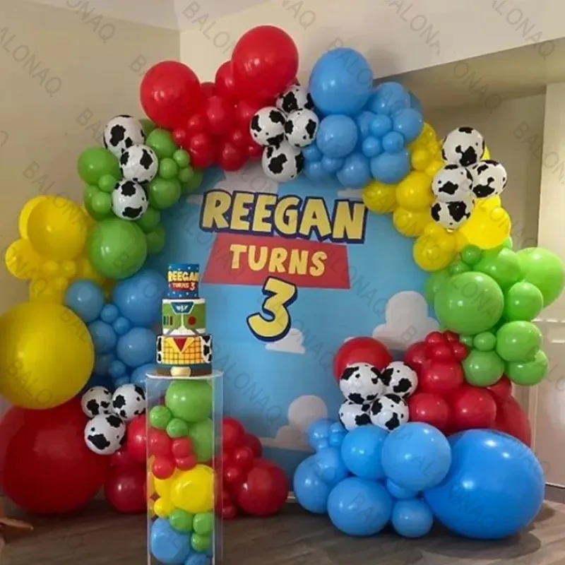 146 pièces jouet inspiré histoire ballon guirlande Kit motif de vache imprimé bleu jaune rouge ballons en Latex pour enfants fête d'anniversaire déco