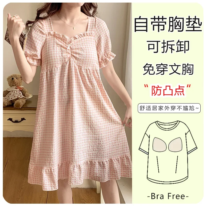 5XL Large Size Nightdress with Chest Pad Japanese Student Nightgown Summer Short-sleeved Pajamas Loungewear Can Be Worn Outside