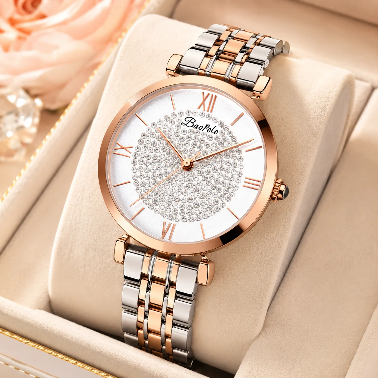 

Women Quartz Watch Rose Gold Stainless Steel Bracelet Rhinestone Heart Dial Luxury Fashion Wristwatch Gift