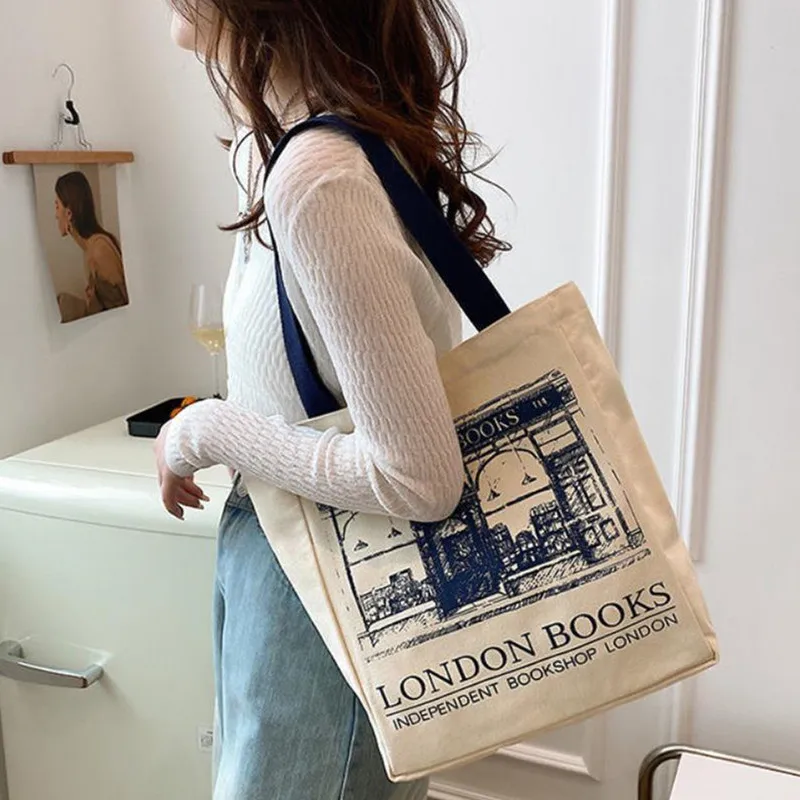 Canvas Women Handbags Shoulder Underarm Bag London Books Print Handbag Large Capacity Ladies Shopping Tote Bag Student Book Bags