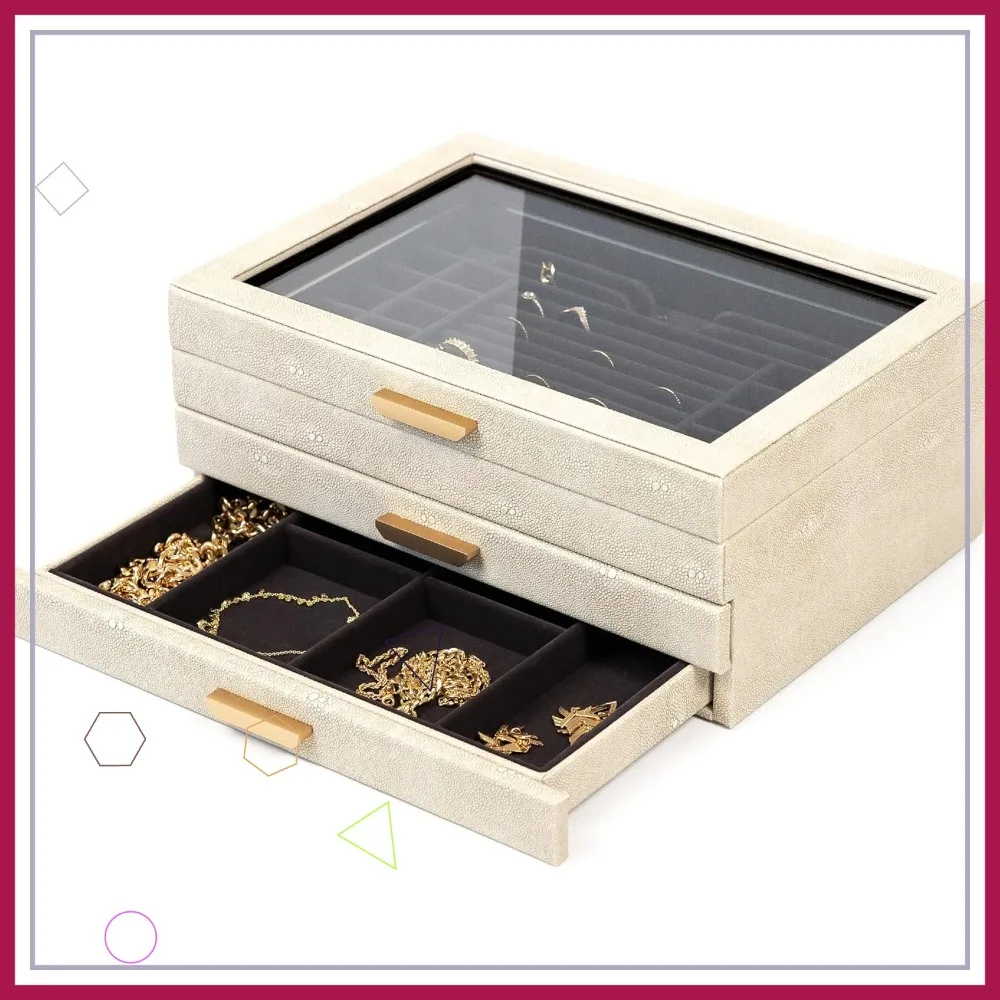 

3-Tier Jewelry Box with Glass Lid, Velvet Lined Storage Organizer for Women, Large Capacity for Earrings Rings Necklaces
