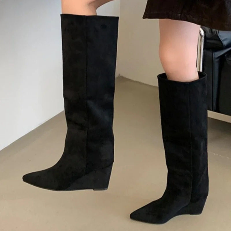 Winter Designer Vintage Pleated Pointed Toe Knee High Boots Women's Wedge Heels Comfortable Ladies Botas Largas Mujer