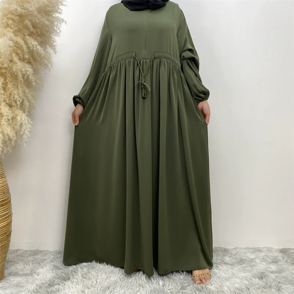 

Ramadan Moroccan Muslim Fashion Arab Simple Design Solid Color Elastic Sleeve Front Zipper Elegant Versatile Big Swing Dress
