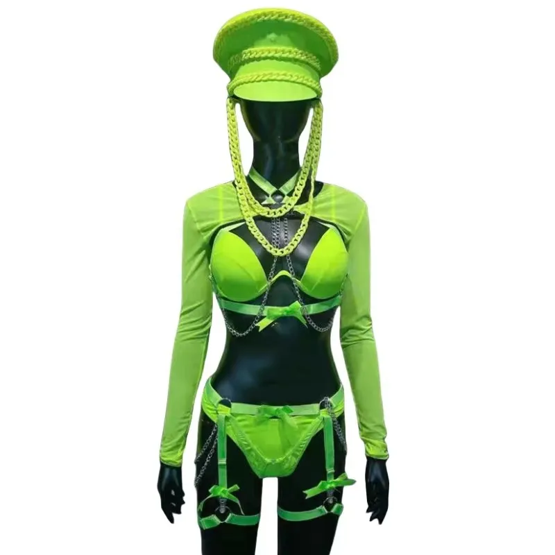 

Sexy DJ Dance Team Gogo Performance Costume Festival Clothing Women Singer Bar Concert Show Stage Wear Green Bikini Hat Outfit