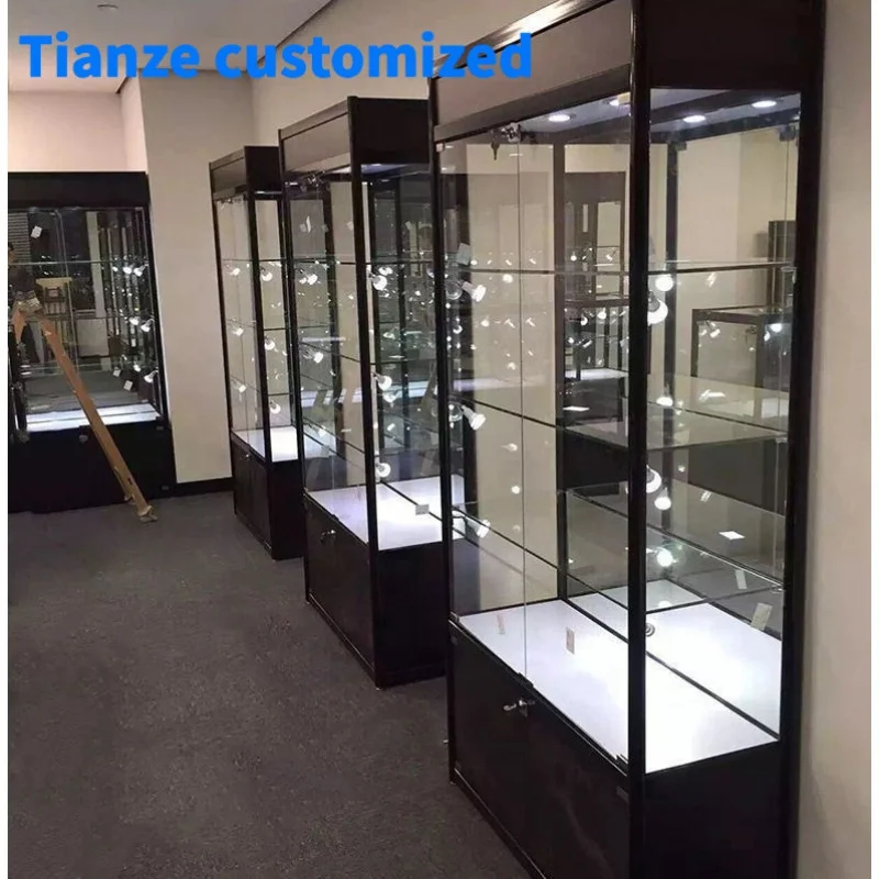 

(Customized) cheap glass display showcase shop locable LED light smoke shop showcase