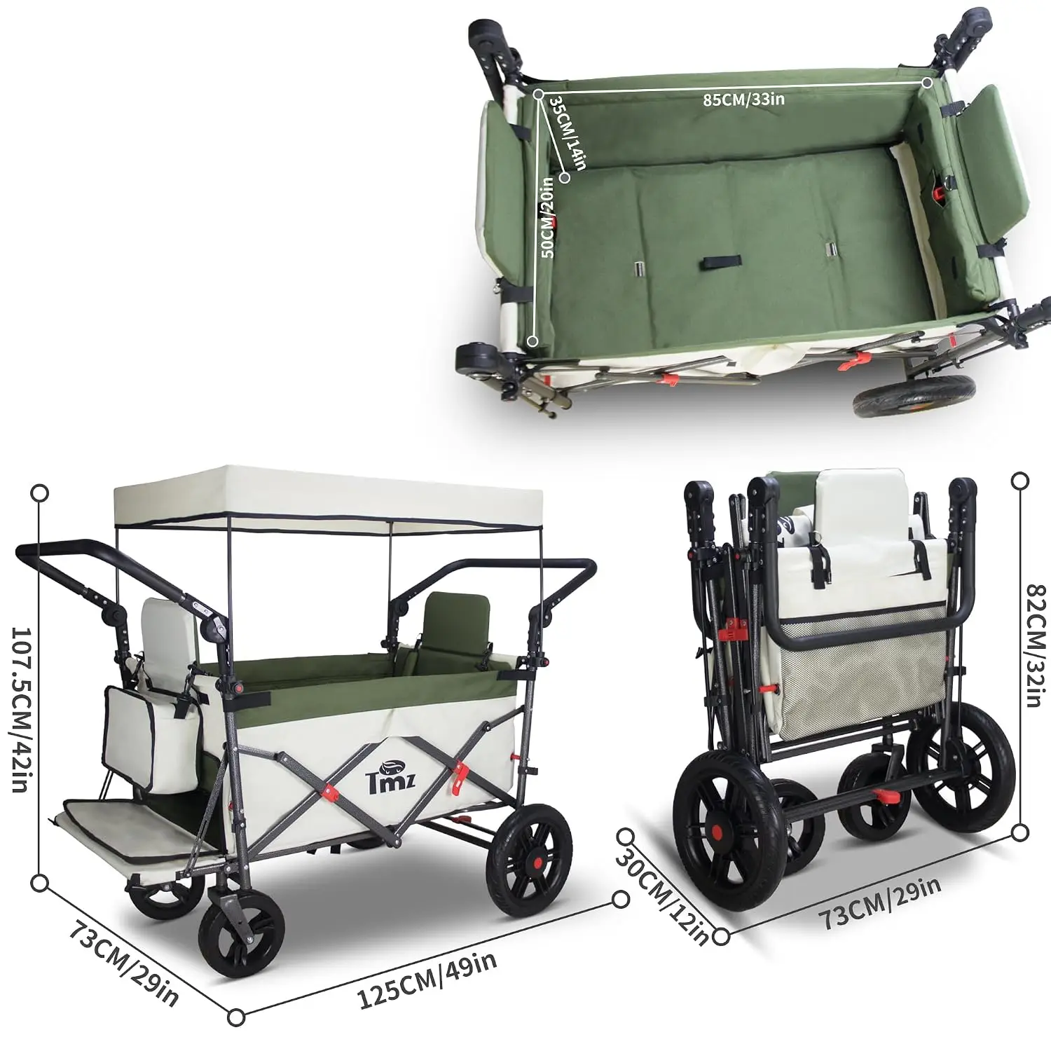 Foldable Wagon with Rain Cover & 2 Seats, Collapsible Folding Wagon with Adjustable Handle Bar, Multi Functional, Customized