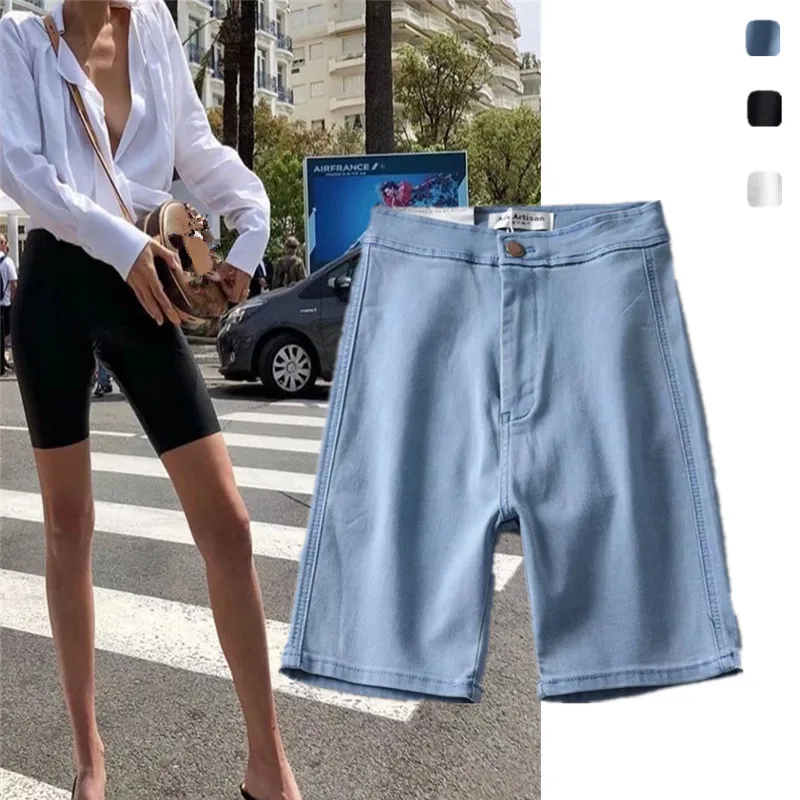 

Джинсовые брюки с высокой талией, женские летние тонкие новые брюки средней длины для верховой езды, обтягивающие универсальные эластичные брюки длиной пять четвертей