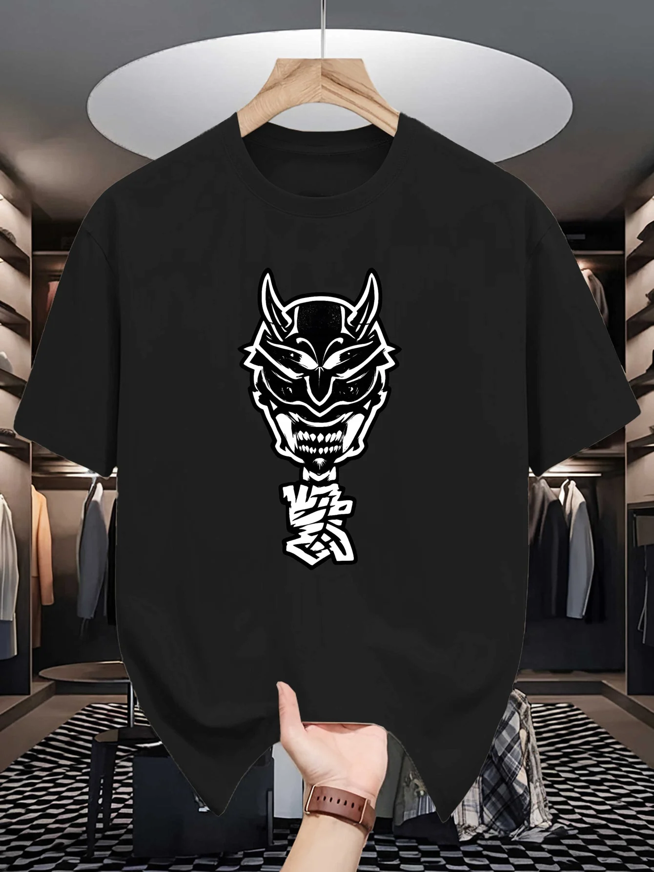 Black White Oni Demon Mask Graphic Mens Crew Neck T Shirt Japanese Street Art Print Short Sleeve Casual Cotton Daily Street Tops
