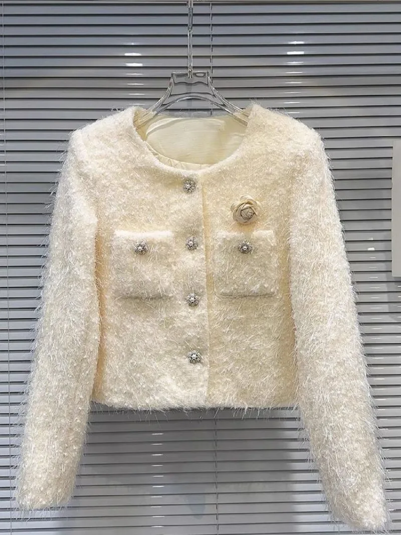 New Fashion Autumn Winter Women's Jacket High End Elegant Slim Long Sleeve Short Camellia Brooch Small Fragrant Coat
