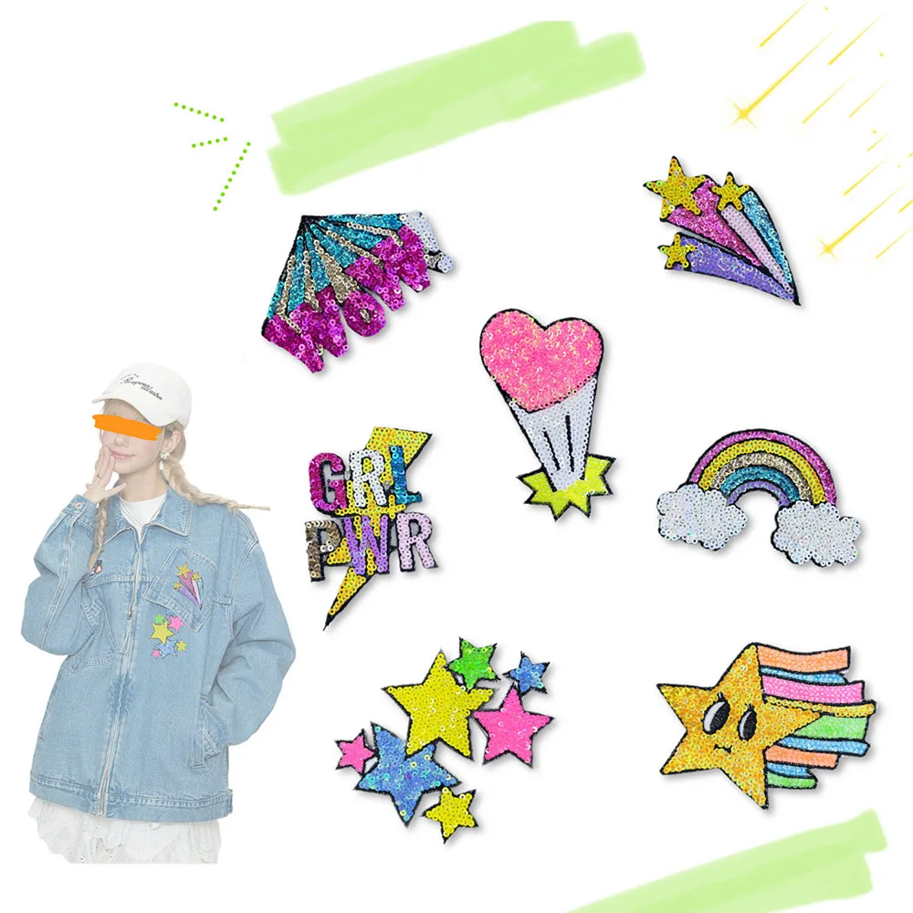 One Piece WOW Meteor Regenbogen Pailletten Patch Stickerei Flitter, zum Aufbügeln für Taschen Kleidung Jacke DIY Dekor