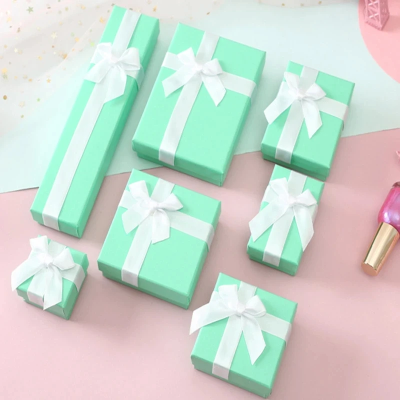 Fashion 24pcs Cardboard Jewelry White Box with Green Bow Package Box For Earrings Square Display Holder Gift Package Box