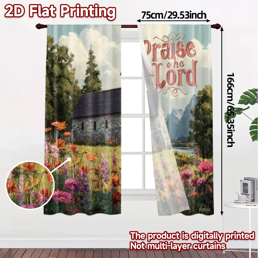 2pcs, 2D FLAT PRINTING Curtains (Without Rod) Country Chapel Popular Print Curtains Versatile Fabric Curtains Decorations For