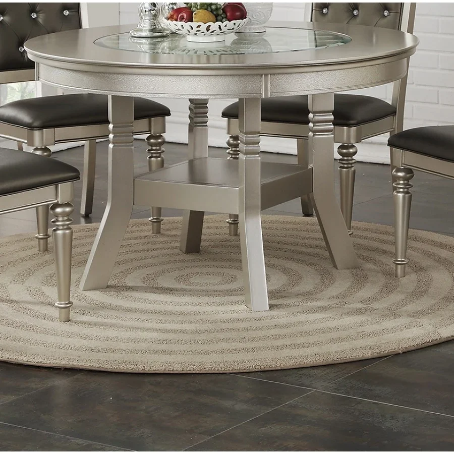 

Round Dining Table Silver / Grey Finish Rubber wood Frame Center Glass Top Dinette Table