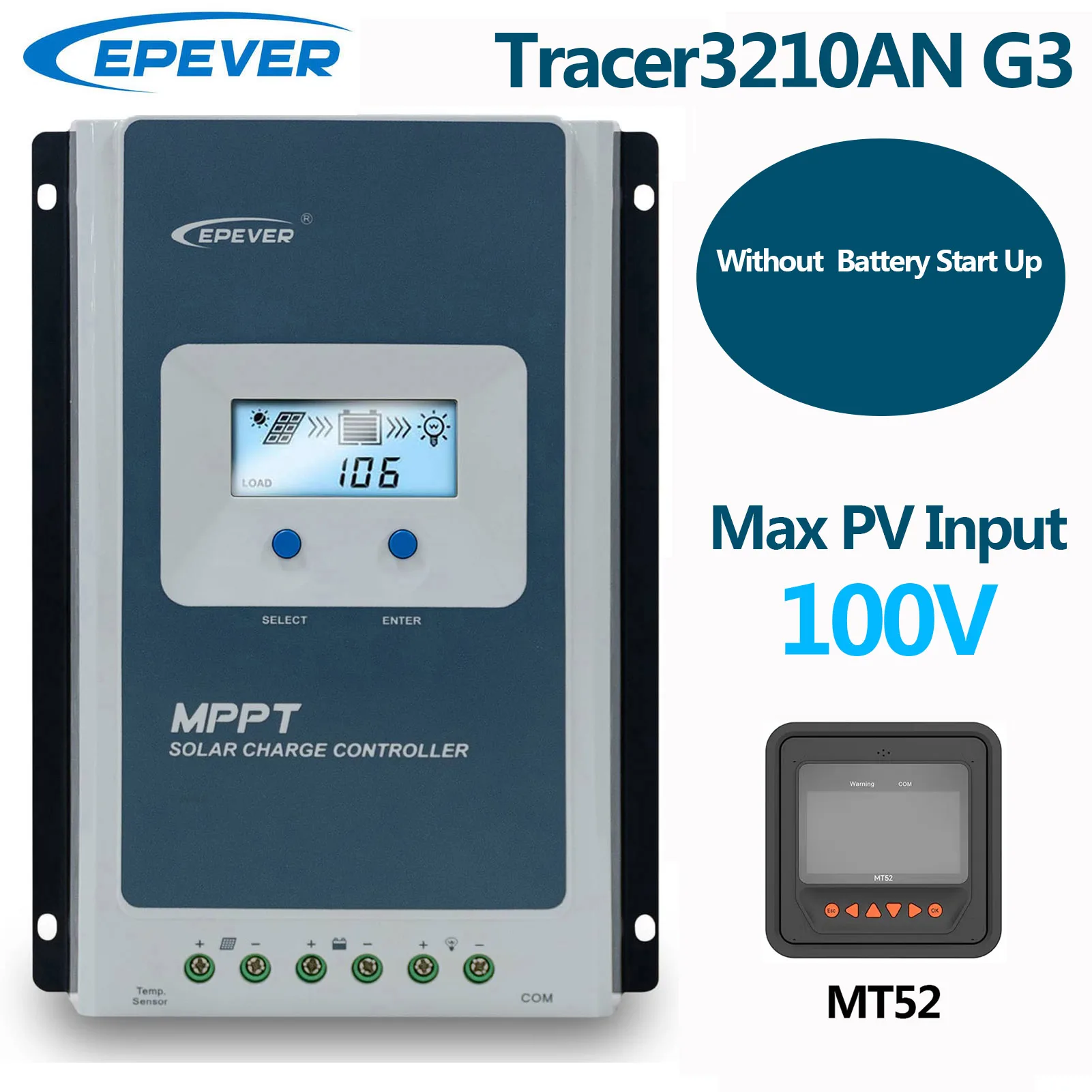 Without Battery Start UP 30A MPPT Solar Charge Controller Max PV Input 100V Auto Identify 12V 24V Voltage