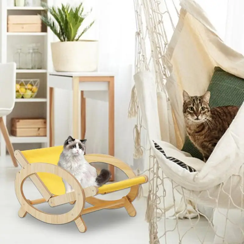 Cat Scratcher Beach Chair Adjustable Cat Rocking Chair Stool With Canvas Cover Wood Elevated Dog Bed Hammock Scratch-Resistant