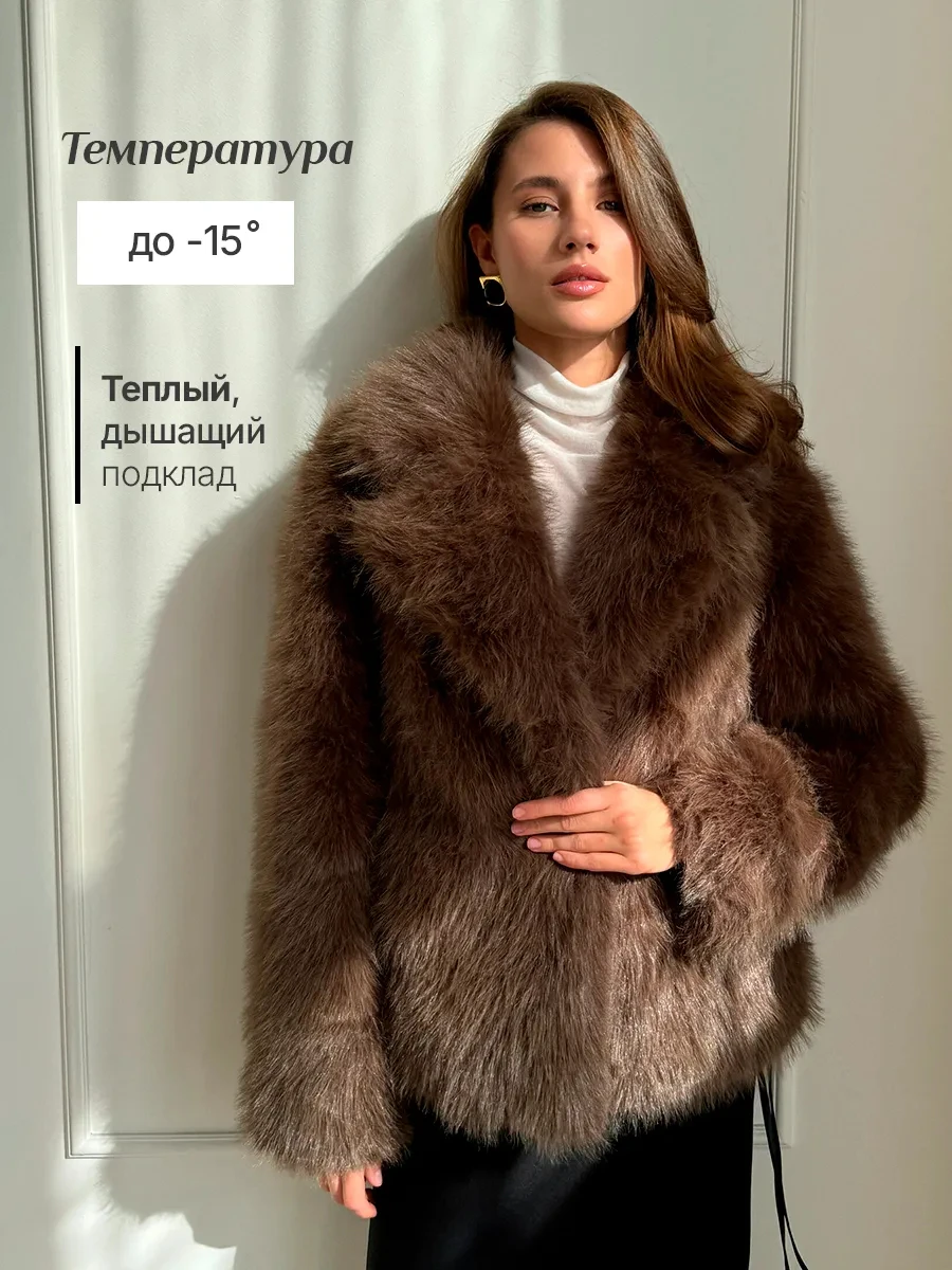 Elegant Women Winter Faux Fur Coat Lapel Collar Open Front Mid Long Fluffy Jacket with Pockets