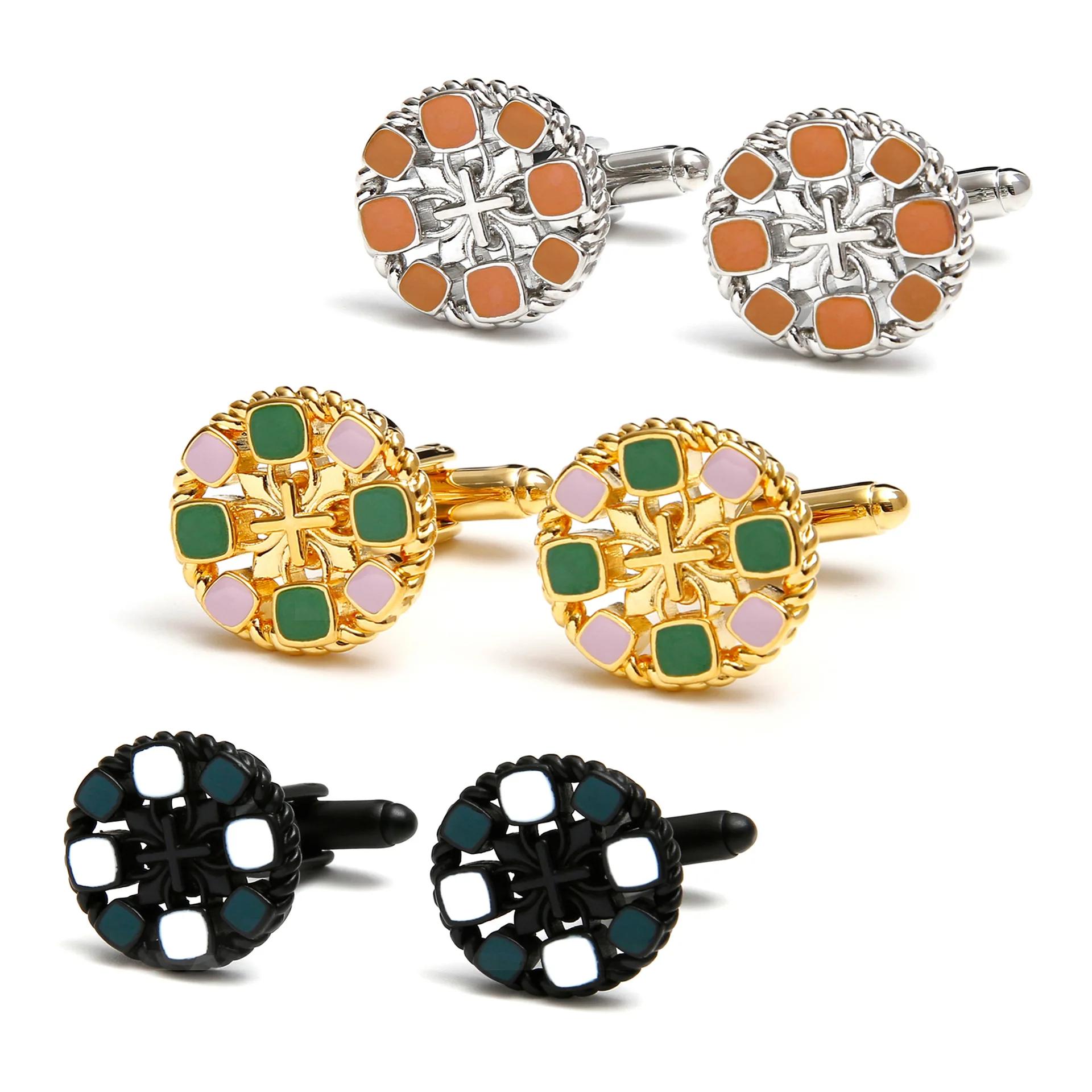 

Tri-color Gemstone Titanium Cufflinks, Geometric Hollow for Business Summit