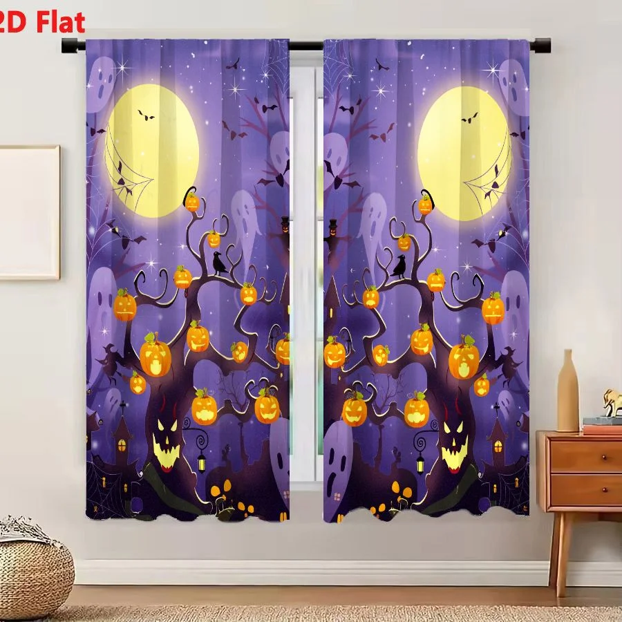 2Pcs Curtains 2D Flat Vibrant Whimsical Halloween Castle With Glowing Moons Spooky Trees And Floating Ghosts Window Drapes for B
