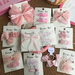 2pc Pink Color Lace Embroidered Hair Bow Baby Hair Clips Hair Pins Kids Pearl Flower Hairpins BB Barrette Girls Hair Accessories