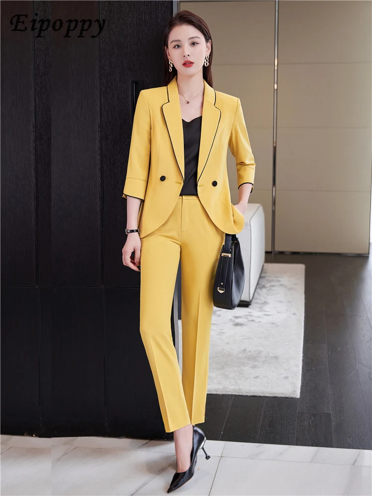 

Blauwe Formele Broek Pakken Office Lady Outfits Lente Zomer Vrouwen Tweedelige Set Werkkleding Blazer Jas Met Broek Sets