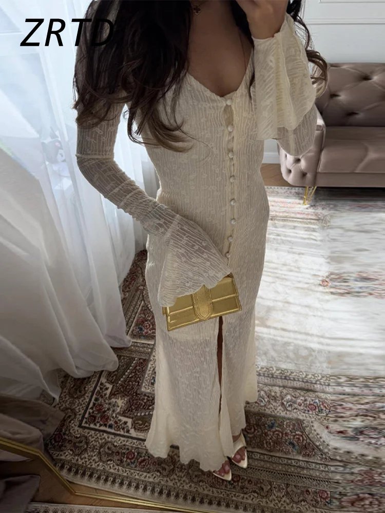 Elegant Women's Ribbed Long Dress Fashion V-neck Single Breasted Flare Sleeve Party Dresses 2026 Spring Summer Lady Holiday Robe