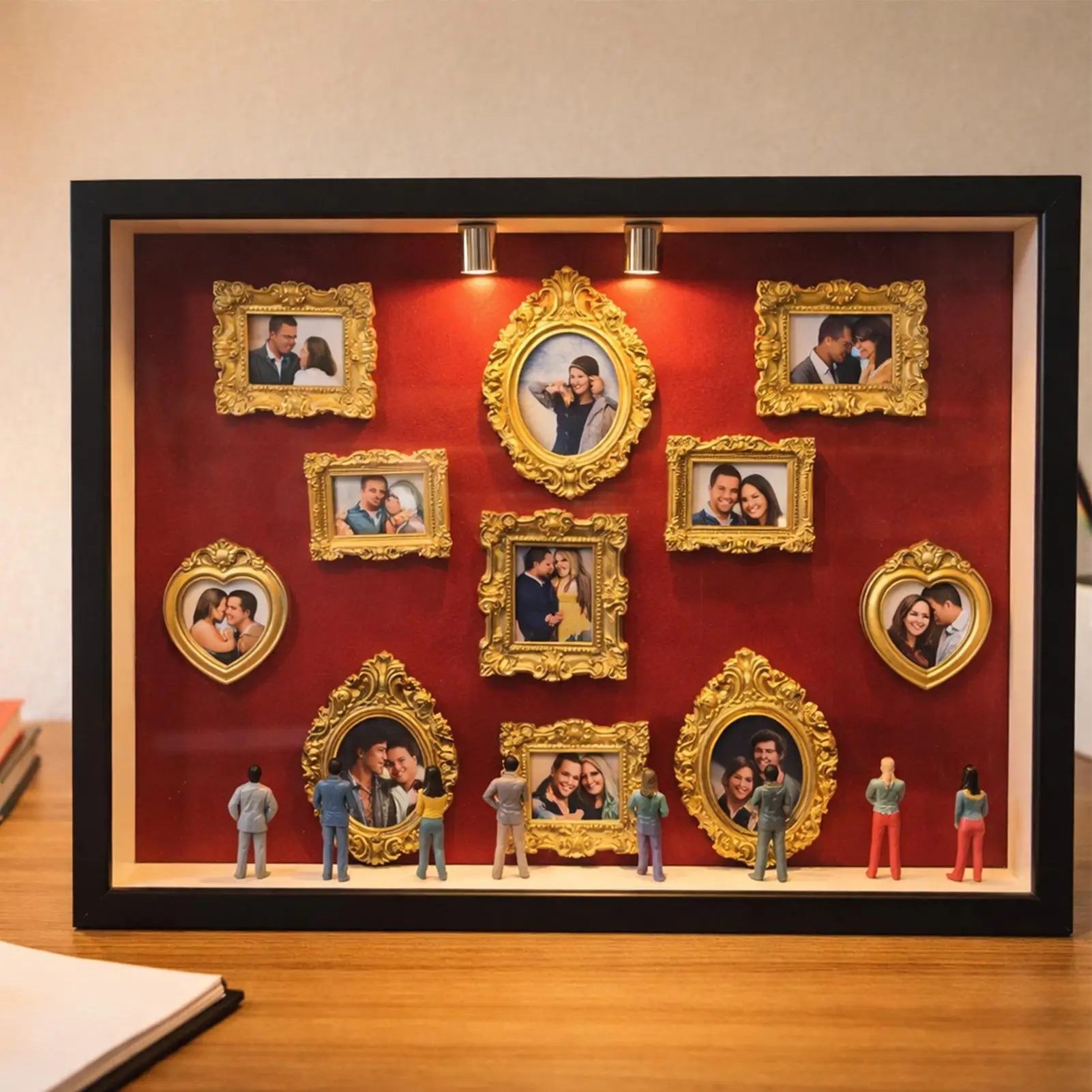 Mini álbum de fotos de resina con forma de museo, elegante y creativo kit de exhibición de recuerdos con estatua en miniatura y detalles dorados, ideal para regalos.
