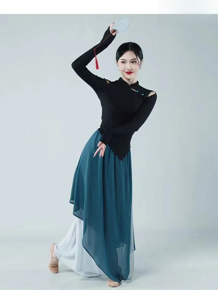 

Новая классическая танцевальная одежда с длинными рукавами для тренировок, женская осенне-зимняя одежда для занятий современными танцами, облегающая, с воротником-стойкой...