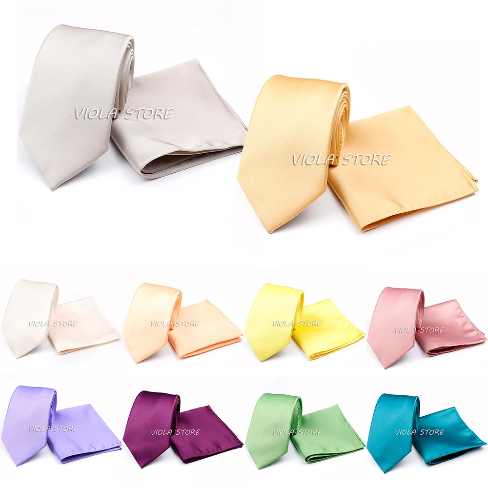 Hot 3PCS Solid Satin Polyester 7.5cm Necktie Sets Green Pink Blue Pocket Square Men Skinny Wedding Party Cravat Gift Accessory