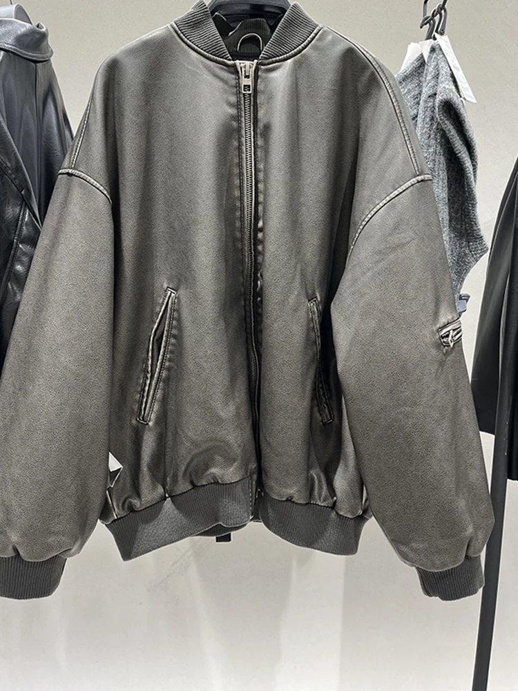 

Autumn Winter New Sle Women's Pilot Jaet Stand Collar Faux Leather Waed out Coat Mechanical Sle Long Sve Zipper
