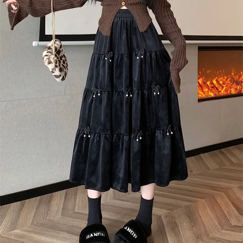 Mori Girl Sweet Cute Bow Velvet Black Brown Long Skirt for Women Autumn Winter Korean Fashion High Waist A-line Loose Cake Skirt