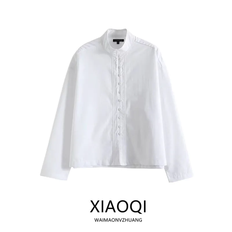 

Ele Commuter Sle Long Sve Cotton irt Stand Collar Women's Spring New Faion Loose Fit Versatile Office Wear