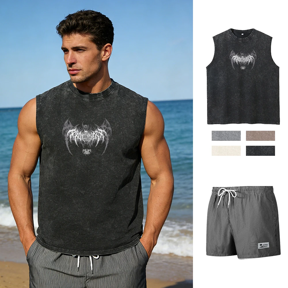 

Летний спортивный и повседневный комплект из двух предметов: принтованный жилет с эффектом потертости и полосатые шорты на шнурке с карманами для мужской пляжной одежды