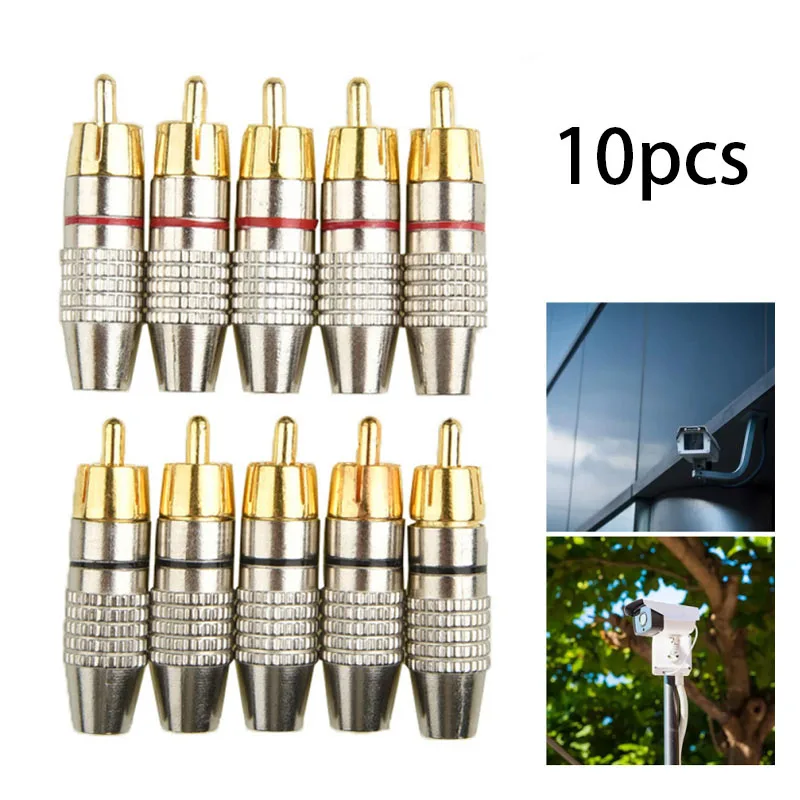 10pcs Gold RCA Male Adapter Non Solder Connector for Audio Video CCTV IP Camera Security Coaxial Cable Solderness Convertor B4